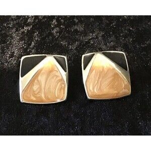 Square Pierced Earrings Gold Black Enamel Post Huggies Vintage 80s Disco Cosplay